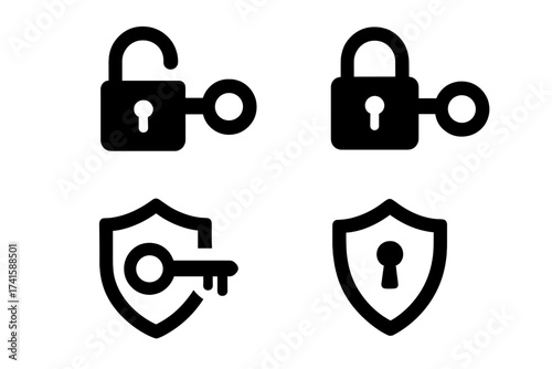 Key access icon collection. Security and privacy symbols. Vector illustration of lock, unlock, padlock, and shield. Concept for safety, protection, and cybersecurity access.