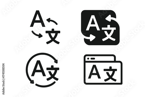 Language translation icon collection. Translator app and web service pictogram set. Foreign language exchange, dictionary and communication symbol. Linguistics vector glyphs.