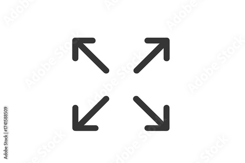 Full screen icon, expand arrow symbol. Maximize, resize button. Vector illustration for user interface. UI, UX web design element. Diagonal arrows pointing outward concept.