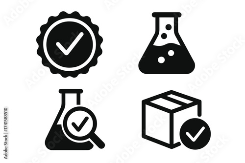 Lab tested vector icon set. Product quality control proven by laboratory research. Certified seal, approved package, and scientific analysis for guaranteed quality illustration.