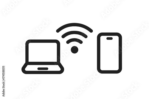 Wifi connection between laptop and smartphone. Wireless data transfer icon. Sync devices. Internet network symbol. Mobile hotspot tethering. Digital communication technology.