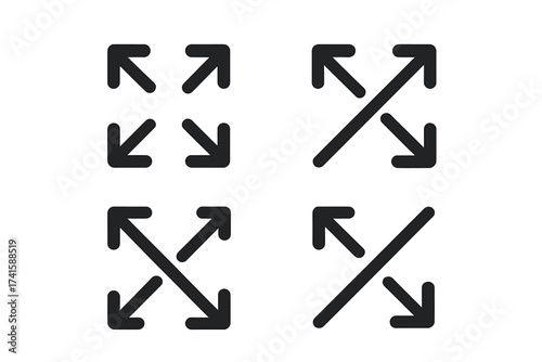 Full screen and exit full screen icon set. Vector collection of maximize, minimize, expand, and collapse arrow symbols. UI elements for web, app, and video player interface.