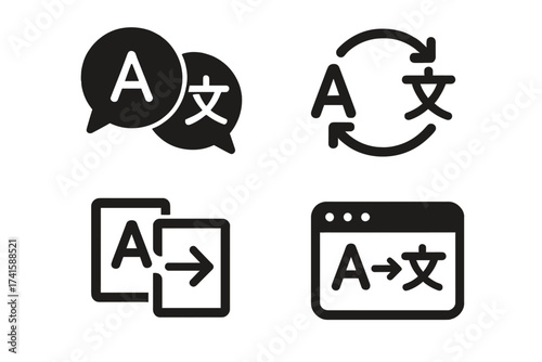 Language translation icon set. Multilingual communication concept. Translator service logo. Foreign language learning pictogram. Dictionary & interpreter symbol collection vector.