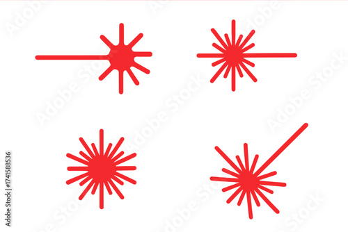 Red laser beam vector icon set. Collection of ray light effects. Futuristic technology symbol. Danger laser pointer spark illustration. Isolated graphic element collection.