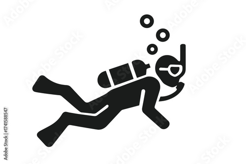 Scuba diver icon. Man swimming underwater with oxygen tank and mask. Water sport, recreation and travel concept. Vector silhouette illustration for diving school or travel agency.