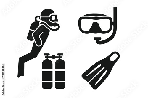 Scuba diving icon set. Diver and equipment vector collection. Black silhouette symbols for water sports. Isolated graphic elements: mask, snorkel, fins, air tank, aqualung.