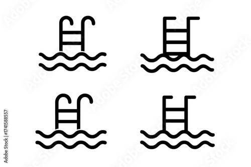Swimming pool ladder icon set. Water safety and access symbol. Summer vacation, hotel resort, and recreation pictogram collection. Simple black line vector illustration.