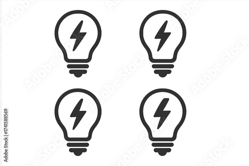 Light bulb with lightning bolt icon set. Symbol for electricity, power, energy, charge. Vector illustration for creative idea, innovation, solution, inspiration concepts.