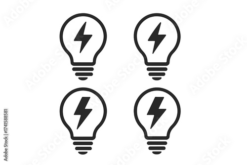 Set of four electric light bulb icons with energy-saving lightning flash symbol, electricity power vector illustration, innovative energy concept, transparent background