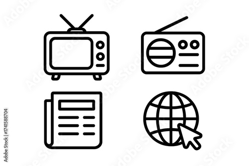 Mass media icon set outline design featuring television TV, radio, newspaper, and internet icons representing digital marketing, communication, media channels, technology, and news vector illustration