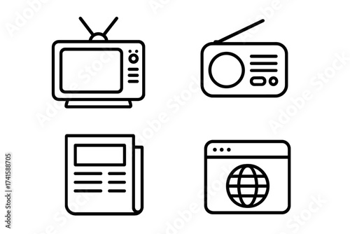 Mass media icons outline set including vintage television, radio, newspaper, and internet browser globe symbols. Digital marketing and communication concept vector illustration.