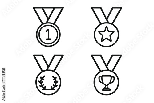 Medal icon vector set with winner award symbols, victory medals collection, first place number one, star, laurel wreath, and trophy design illustrations with transparent background