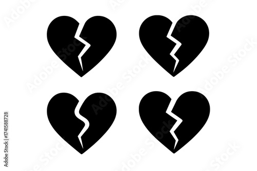 Broken heart icon set. Heartbreak and divorce symbol collection. Vector illustration of sadness, pain, and separation. Love failure and relationship problem concept.