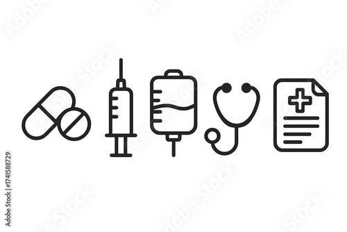 Medical service icon set including medicine pills, injection syringe, saline IV bag, stethoscope, and medical report vector illustration for healthcare and hospital design