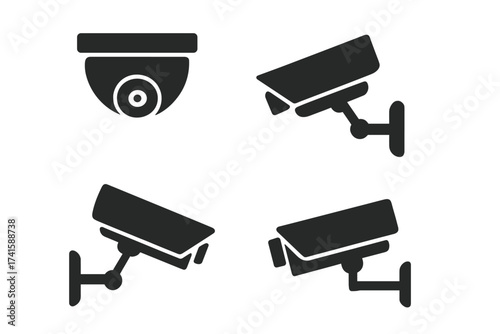 CCTV camera vector icon set. Security cam symbol collection isolated on white background. Video surveillance and safety protection system graphic. Dome and bullet cameras.
