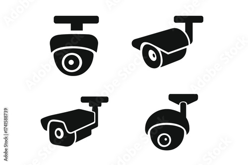 CCTV camera vector icon set. Security cam glyph collection for surveillance system. Video monitoring and safety pictogram. Black isolated protection symbol for business or home.