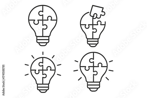 Jigsaw puzzle light bulb icon set. Creative idea, innovation, problem solving, solution concept. Teamwork, strategy, thinking metaphor. Vector line art illustration isolated.