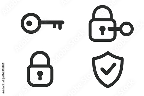 Key and lock icon set for security and access control. Vector symbols for padlock, privacy, and protection. Authentication and safety concept with shield and checkmark.