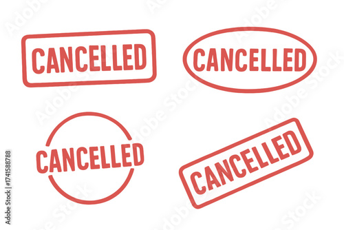 Cancelled stamp collection. Red grunge label, sign, and icon set. Vector illustration of rejected and denied seals. Canceled rubber mark and watermark sticker design pack.