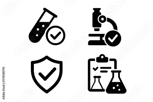 Lab tested vector icon set. Product quality control proven by laboratory research. Certified product badges. Science and medical testing symbols for package design and labels.
