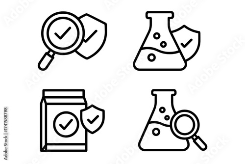 Lab tested vector icon set. Product quality control, proven by laboratory research. Certified and approved sign. Chemical analysis, science verification and quality assurance.