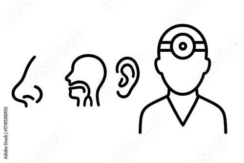 Otolaryngology icons vector set with nose, throat, ear symbols and ENT doctor illustration, ORL healthcare concept for medical and ear nose throat specialists, transparent background