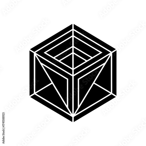 Geometric cube with internal structure lines on transparent background silhouette