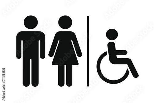 Restroom sign vector icon set. Male, female, and handicap toilet symbols. Man, woman, and disabled person pictogram for public WC. Accessible washroom silhouette collection.