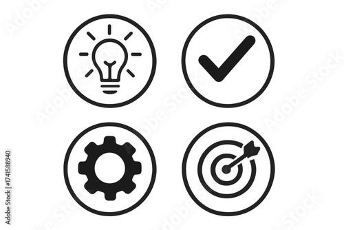 Business process and workflow icon set. Vector icons for idea, development, mission, and success. Lightbulb, gear, checkmark, and target symbols for project management.