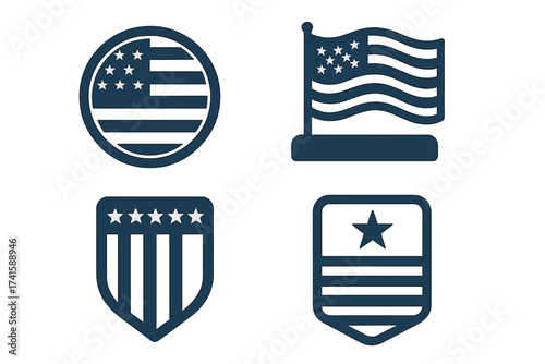 Made in USA label set. American product emblem collection. Vector illustration of USA flag symbols. Patriotic badges and icons for quality assurance. National pride design element.