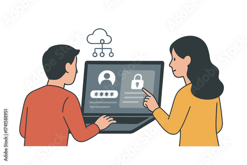 Man and woman access intranet on laptop. Concept for private network, data protection, cybersecurity. Team login, user authentication for secure corporate cloud system access.
