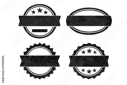 Set of blank vintage grunge badges. Retro rubber stamp seals with texture. Premium quality guarantee label templates with stars and ribbons. Vector insignia or emblem collection.