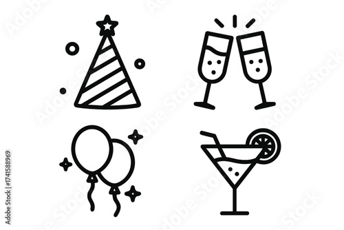 Party celebration vector icons set with champagne glasses, cocktail, balloons, party hat, festive symbols, transparent background, fun event decoration elements