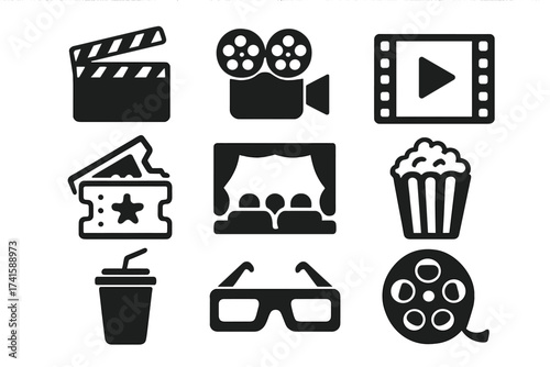 Cinema movie icons set. Film production and entertainment symbols. Vector collection with clapperboard, camera, ticket, popcorn, 3D glasses, film reel and theater screen.
