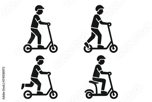 Man Riding Electric Scooter Icon Set, Vector Illustration of E-Scooter Rider, Modern Urban Transportation Symbols, Helmet Safety, Motion and Sitting Positions, Transparent Background