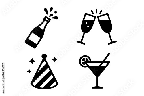 Party celebration vector icons set with champagne bottle popping, clinking glasses, festive party hat, and cocktail glass with lemon slice, transparent background