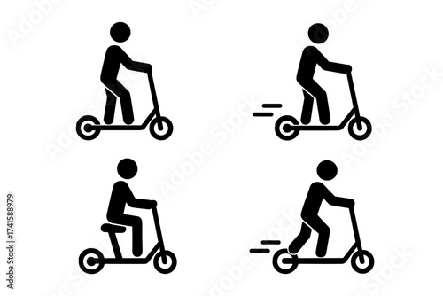 Man riding electric scooter icon set, e-scooter vector illustration with riding and motion effects, commuting and eco-friendly transport symbols, urban mobility concept