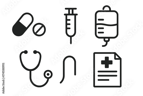 Medical service icon set with medicine pills, injection syringe, saline IV bag, stethoscope, and medical report document. Vector illustration for healthcare, hospital, and medical concept design.