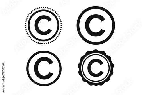 Copyright symbol vector icon set. Intellectual property protection sign. Registered trademark seal and stamp collection. Brand patent C letter logo for legal documents.