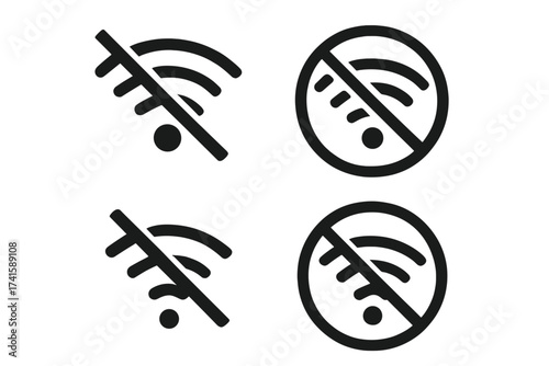 No Wi-Fi icon set with disconnect symbol, wireless no signal vector illustration, transparency background, ordered network disconnection icons collection