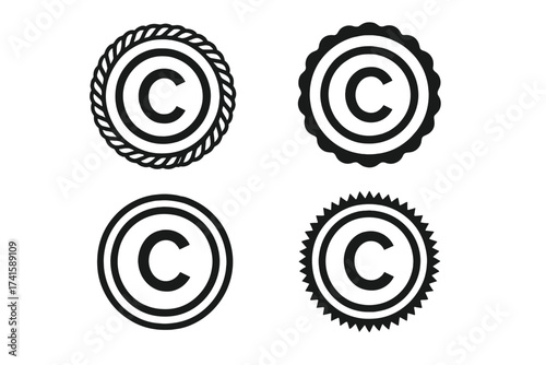 Copyright stamp vector icon set. Collection of black copyright seal symbols. Intellectual property and registered trademark sign. Isolated on a transparent background illustration.