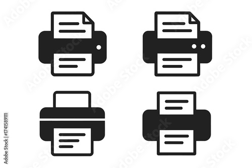 Printer icon set with print out document symbols, isolated vector illustration of printers with paper sheets, transparent background, office technology icons collection, modern design