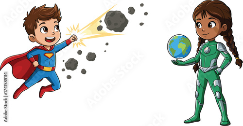 Cartoon superhero kids with Earth, flying boy hero illustration, girl globe protector, cosmic action artwork, environmental guardian mascot, children superhero design