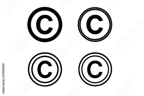 Copyright symbol vector icon set. Black and white seal collection for intellectual property. Registered trademark stamp. Brand protection logo. Legal author rights sign.