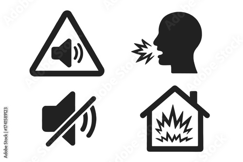 Vector noisy icon set with loud sound disturbance symbols, muted speaker, person shouting silhouette, and noise explosion in house, noise pollution concept, graphic design elements