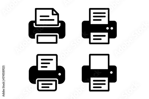 Printer icon set vector, print document symbol isolated on white background, black silhouette illustration, office technology icons collection, document printing concept, transparent background