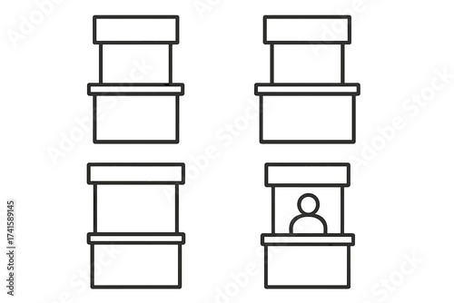 Promo stand and booth service counter vector icon set, shop kiosk outline illustration with transparent background, retail sales stall, market stall concept collection