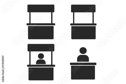 Vector icons set of promo stands, booths, service counters with person symbol, shop kiosks, marketing stalls, display booths, customer service desk