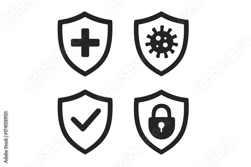Protective antivirus shield icons set vector illustration with medical cross, virus symbol, checkmark, and padlock. Security, health, protection concept design with transparent background
