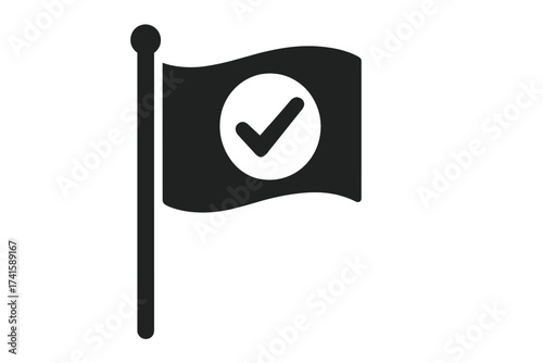 Flag with check mark icon. Destination, success, and finish symbol. Goal achievement, mission accomplished concept. Target reached or location point sign. Approved, verified.
